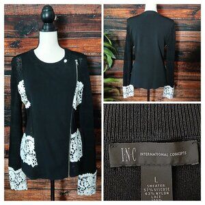 INC International Concepts Sweater L Black Sheer Lace Asymmetrical Zip